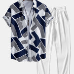 Color Block Geometry Print Shirt & Straight Leg Ribbed Pants Set