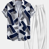 Color Block Geometry Print Shirt & Straight Leg Ribbed Pants Set