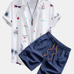 Palm Tree Nautical Print Shirt & Drawstring Swim Shorts Set