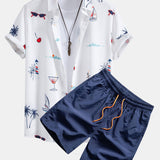 Palm Tree Nautical Print Shirt & Drawstring Swim Shorts Set