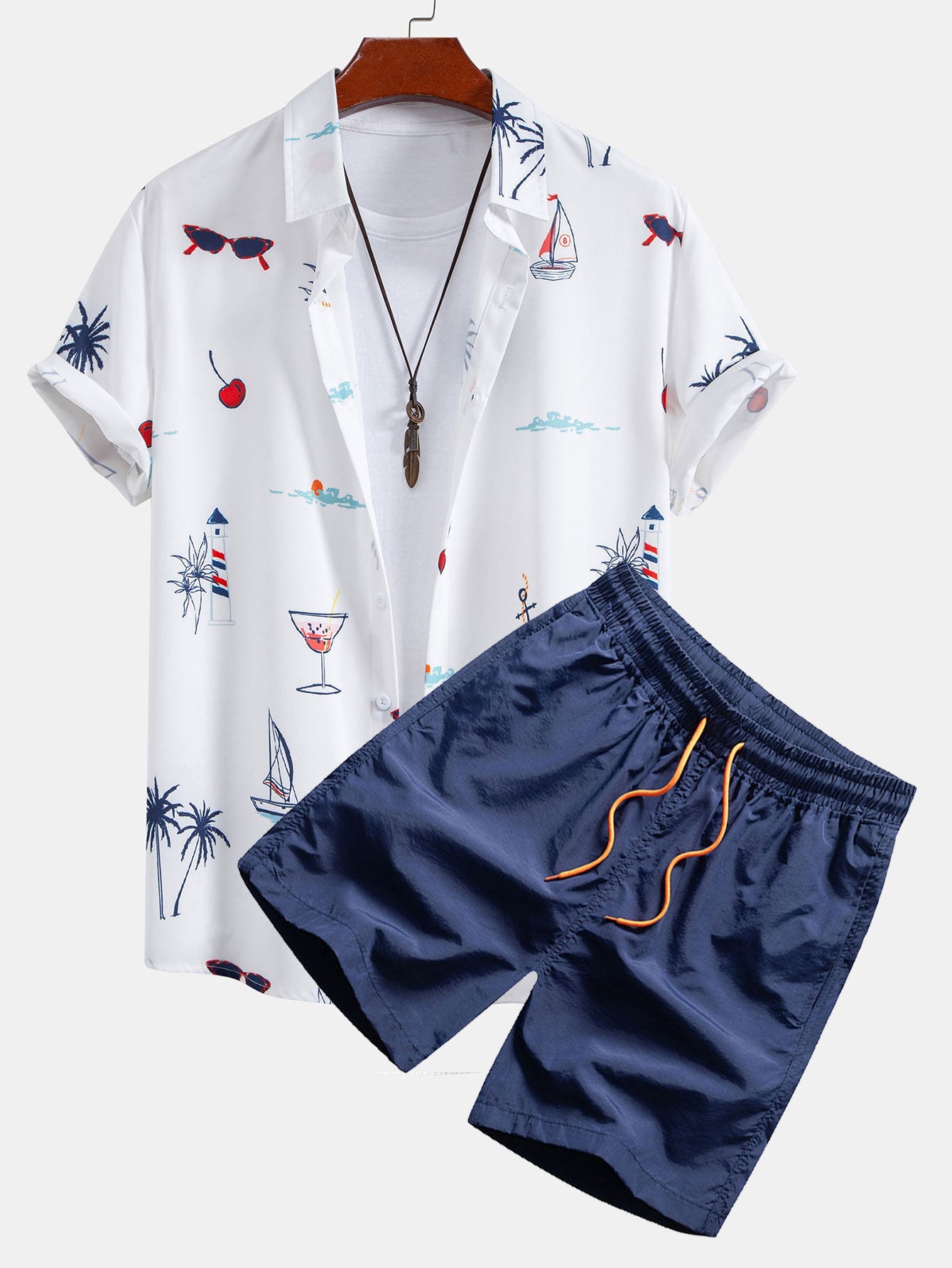 Palm Tree Nautical Print Shirt & Drawstring Swim Shorts Set