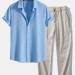 Muscle Fit Ribbed Shirt & Elastic Waist Straight Leg Trousers Set