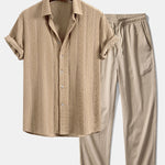 Geometric Jacquard Shirt & Crinkle Textured Straight Leg Pants Set
