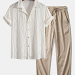 Geometric Jacquard Eyelet Cuban Shirt & Crinkle Textured Pants Set