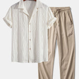 Geometric Jacquard Eyelet Cuban Shirt & Crinkle Textured Pants Set