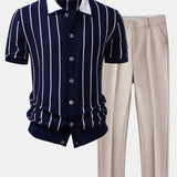 Stripe Button Up Knit Shirt & Slim Fit Tapered Trousers Set