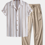 Striped Mesh Cuban Shirt & Wrinkle Textured Straight Leg Pants Set