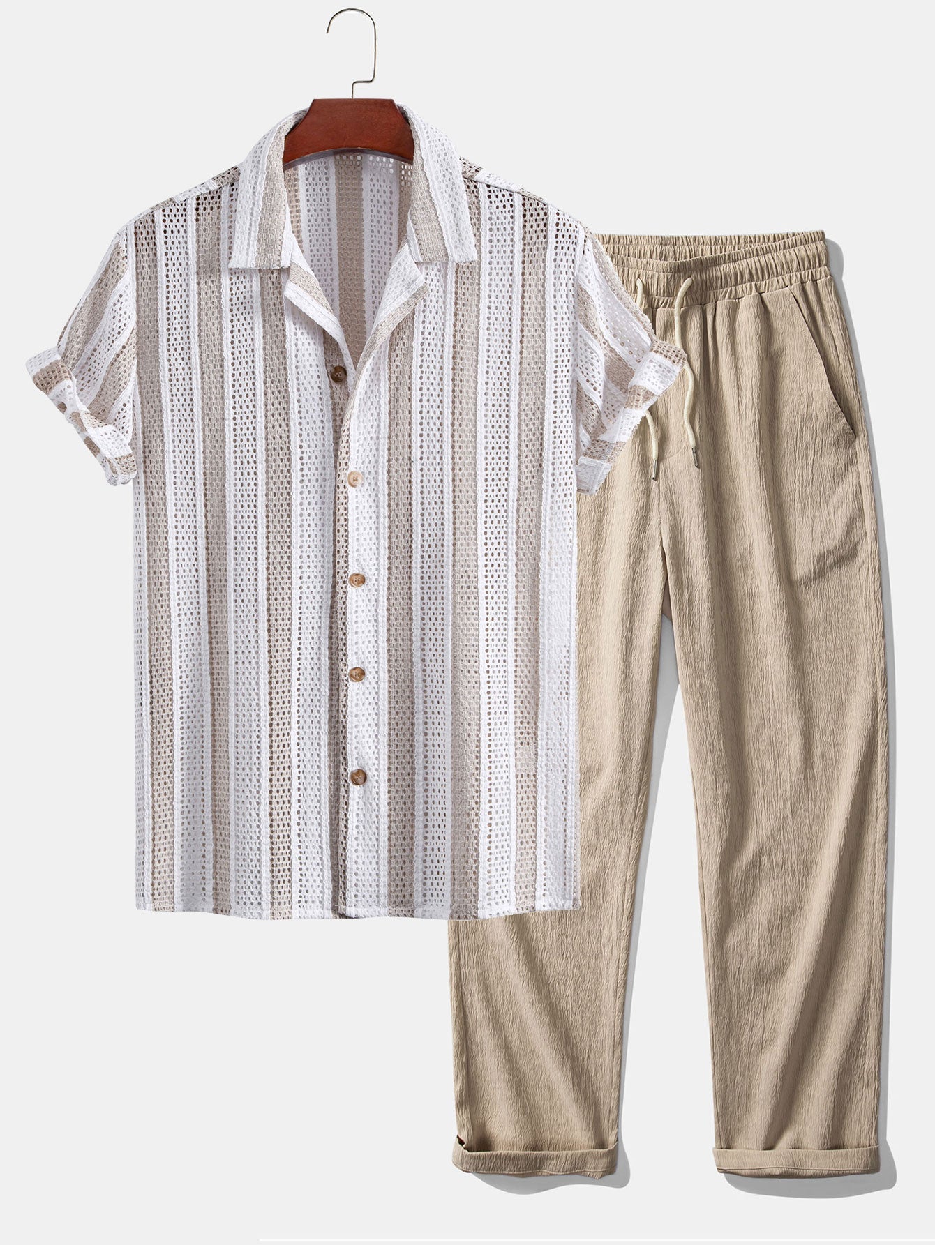 Striped Mesh Cuban Shirt & Wrinkle Textured Straight Leg Pants Set