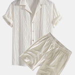 Geometric Jacquard Eyelet Cuban Shirt & Linen Drawstring Shorts Set