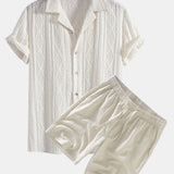 Geometric Jacquard Eyelet Cuban Shirt & Linen Drawstring Shorts Set
