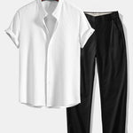 Muscle Fit Ribbed Stand Collar Shirt & Elastic Waist Trousers Set