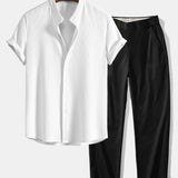 Muscle Fit Ribbed Stand Collar Shirt & Elastic Waist Trousers Set