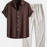 Linen Rayon Blend Shirt & Stripe Straight Leg Linen Pants Set