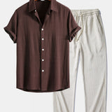 Linen Rayon Blend Shirt & Stripe Straight Leg Linen Pants Set