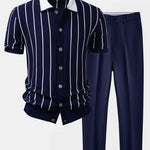 Stripe Button Up Knit Shirt & Slim Fit Tapered Trousers Set