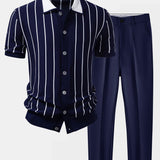 Stripe Button Up Knit Shirt & Slim Fit Tapered Trousers Set