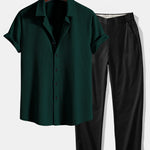 Muscle Fit Ribbed Shirt & Elastic Waist Straight Leg Trousers Set