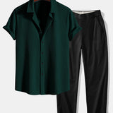 Muscle Fit Ribbed Shirt & Elastic Waist Straight Leg Trousers Set