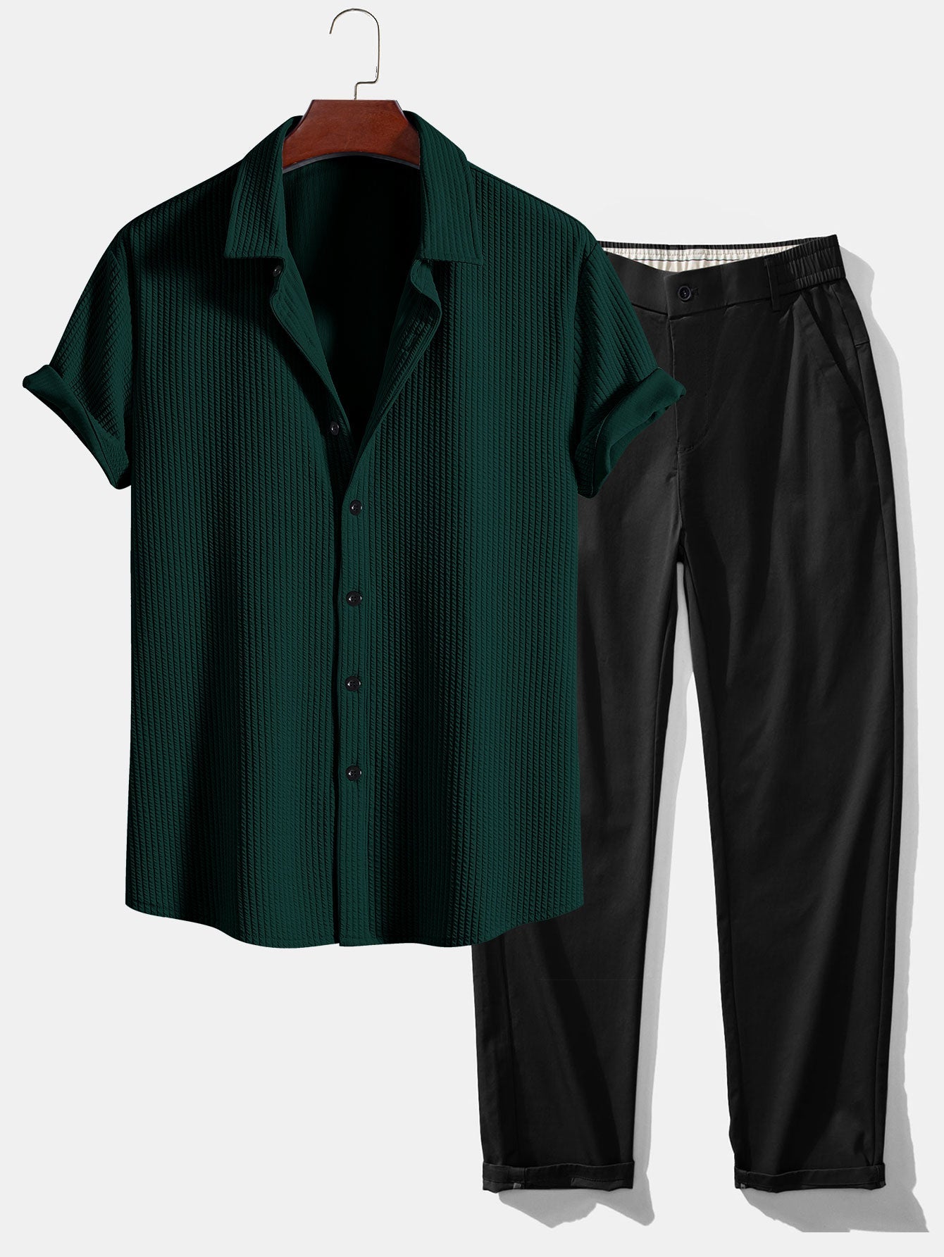 Muscle Fit Ribbed Shirt & Elastic Waist Straight Leg Trousers Set