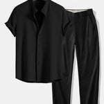 Muscle Fit Ribbed Stand Collar Shirt & Elastic Waist Trousers Set