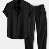 Muscle Fit Ribbed Stand Collar Shirt & Elastic Waist Trousers Set