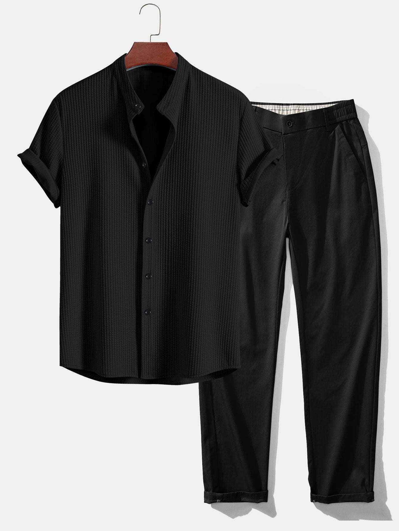 Muscle Fit Ribbed Stand Collar Shirt & Elastic Waist Trousers Set
