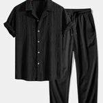 Geometric Jacquard Eyelet Cuban Shirt & Crinkle Textured Pants Set