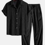 Geometric Jacquard Eyelet Cuban Shirt & Crinkle Textured Pants Set