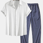 Linen Rayon Blend Shirt & Stripe Straight Leg Linen Pants Set