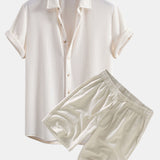 Waffle Shirt & Linen Cotton Blend Drawstring Shorts Set