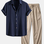 Geometric Jacquard Shirt & Crinkle Textured Straight Leg Pants Set