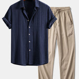 Geometric Jacquard Shirt & Crinkle Textured Straight Leg Pants Set