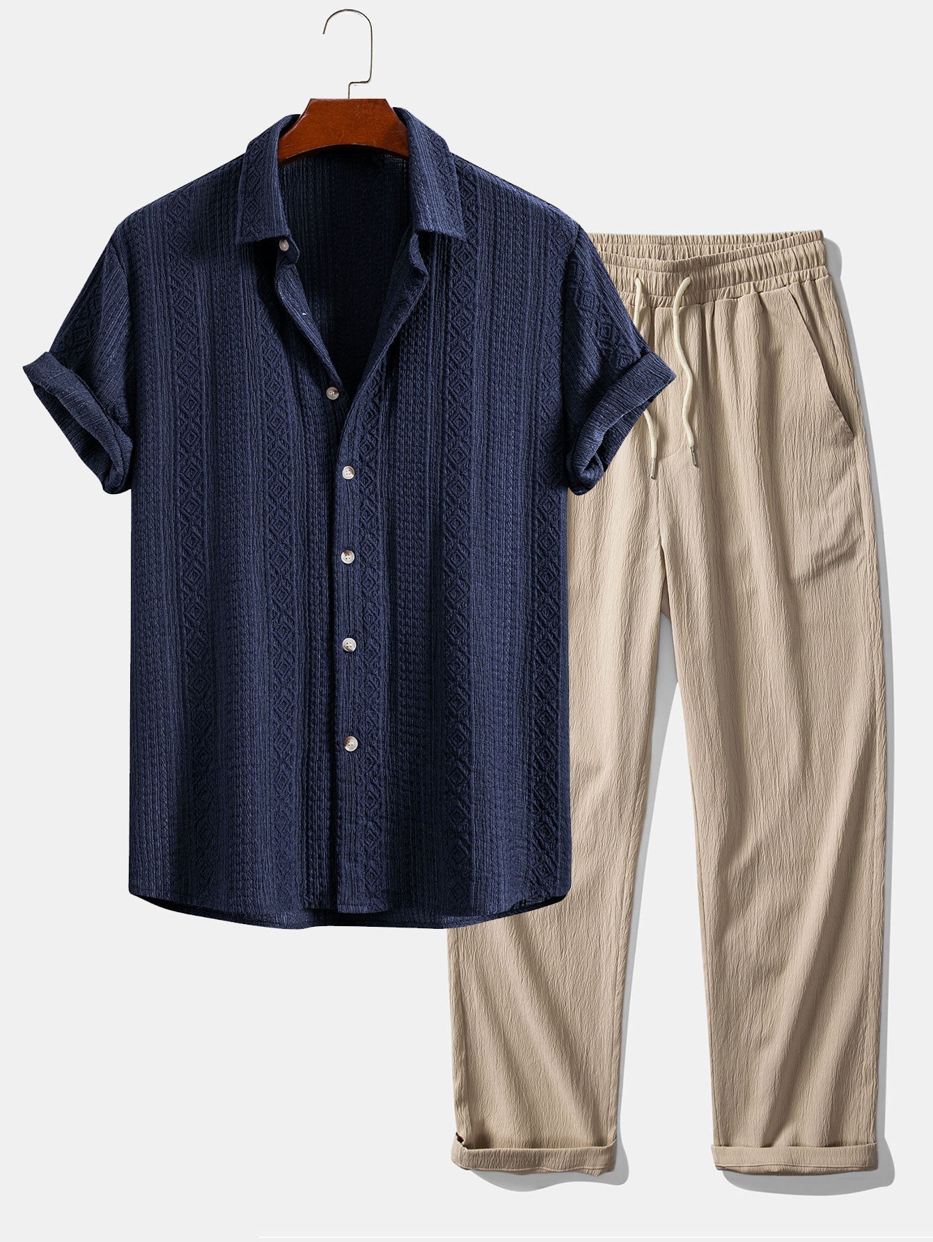 Geometric Jacquard Shirt & Crinkle Textured Straight Leg Pants Set