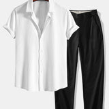 Muscle Fit Ribbed Shirt & Elastic Waist Straight Leg Trousers Set