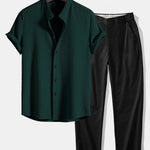 Muscle Fit Ribbed Stand Collar Shirt & Elastic Waist Trousers Set