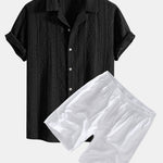 Geometric Jacquard Eyelet Cuban Shirt & Linen Drawstring Shorts Set
