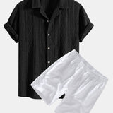 Geometric Jacquard Eyelet Cuban Shirt & Linen Drawstring Shorts Set