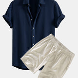 Waffle Shirt & Linen Cotton Blend Drawstring Shorts Set