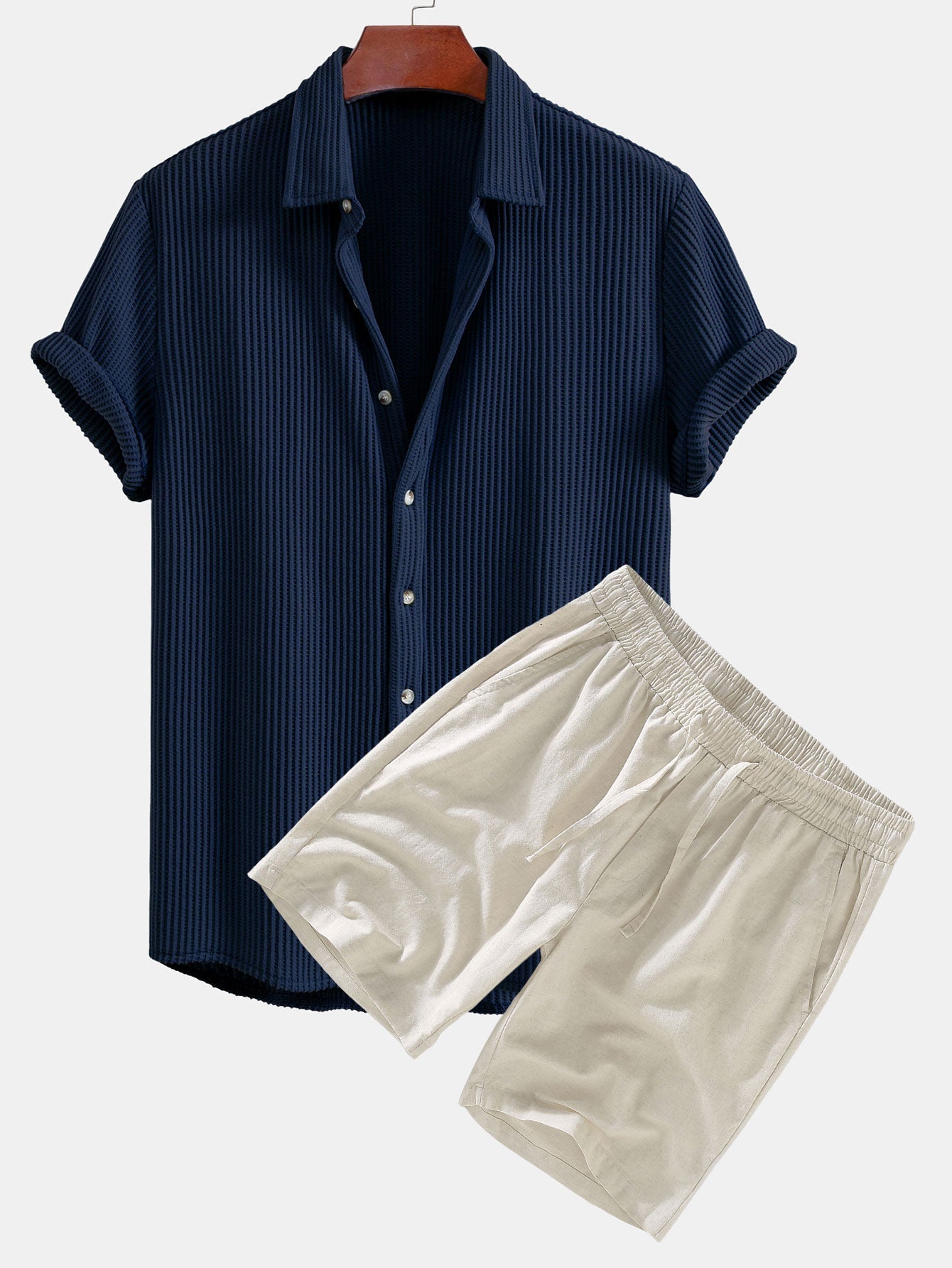 Waffle Shirt & Linen Cotton Blend Drawstring Shorts Set