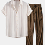 Geometric Jacquard Shirt & Crinkle Textured Straight Leg Pants Set