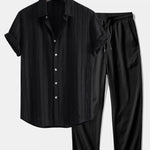 Textured Striped Shirt & Crinkle Textured Straight Leg Pants Set
