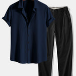 Muscle Fit Ribbed Shirt & Elastic Waist Straight Leg Trousers Set
