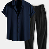 Muscle Fit Ribbed Shirt & Elastic Waist Straight Leg Trousers Set