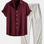 Linen Rayon Blend Shirt & Stripe Straight Leg Linen Pants Set