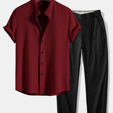 Muscle Fit Ribbed Stand Collar Shirt & Elastic Waist Trousers Set