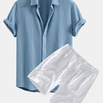 Waffle Shirt & Linen Cotton Blend Drawstring Shorts Set