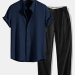 Muscle Fit Ribbed Stand Collar Shirt & Elastic Waist Trousers Set