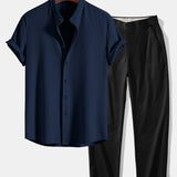 Muscle Fit Ribbed Stand Collar Shirt & Elastic Waist Trousers Set