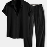 Muscle Fit Ribbed Shirt & Elastic Waist Straight Leg Trousers Set