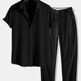 Muscle Fit Ribbed Shirt & Elastic Waist Straight Leg Trousers Set